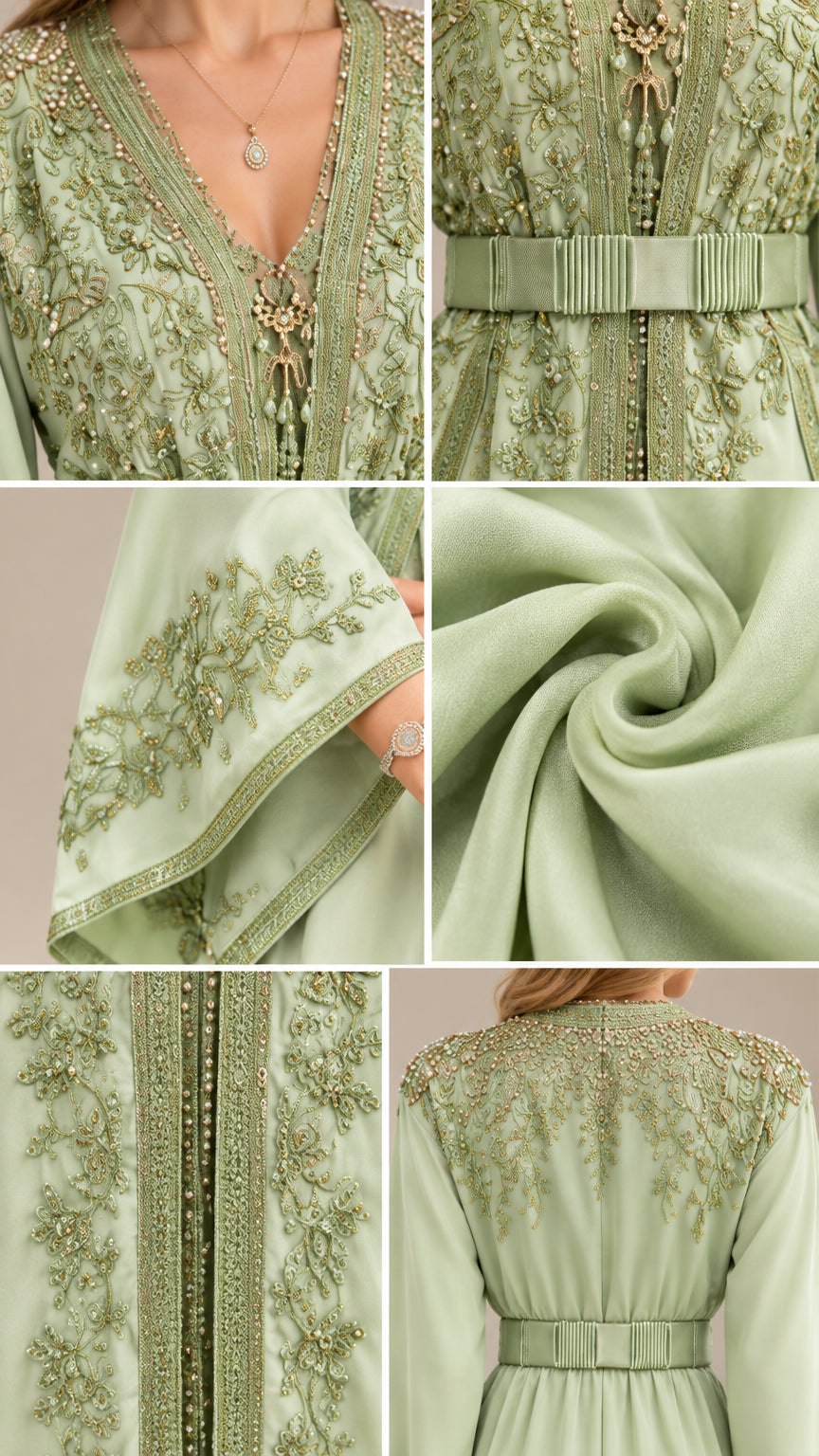 Close-up details of intricate embroidery, neckline, pleated waist belt, and cuff trim