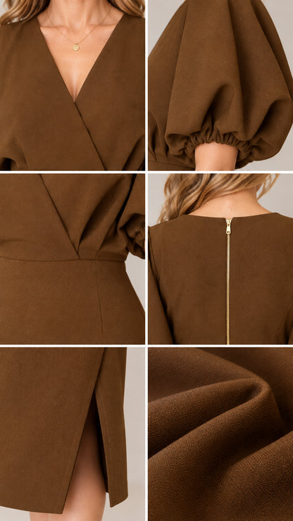 Detail composite of brown dress showing V-neckline, puff sleeve cuff, waistline, and back zipper