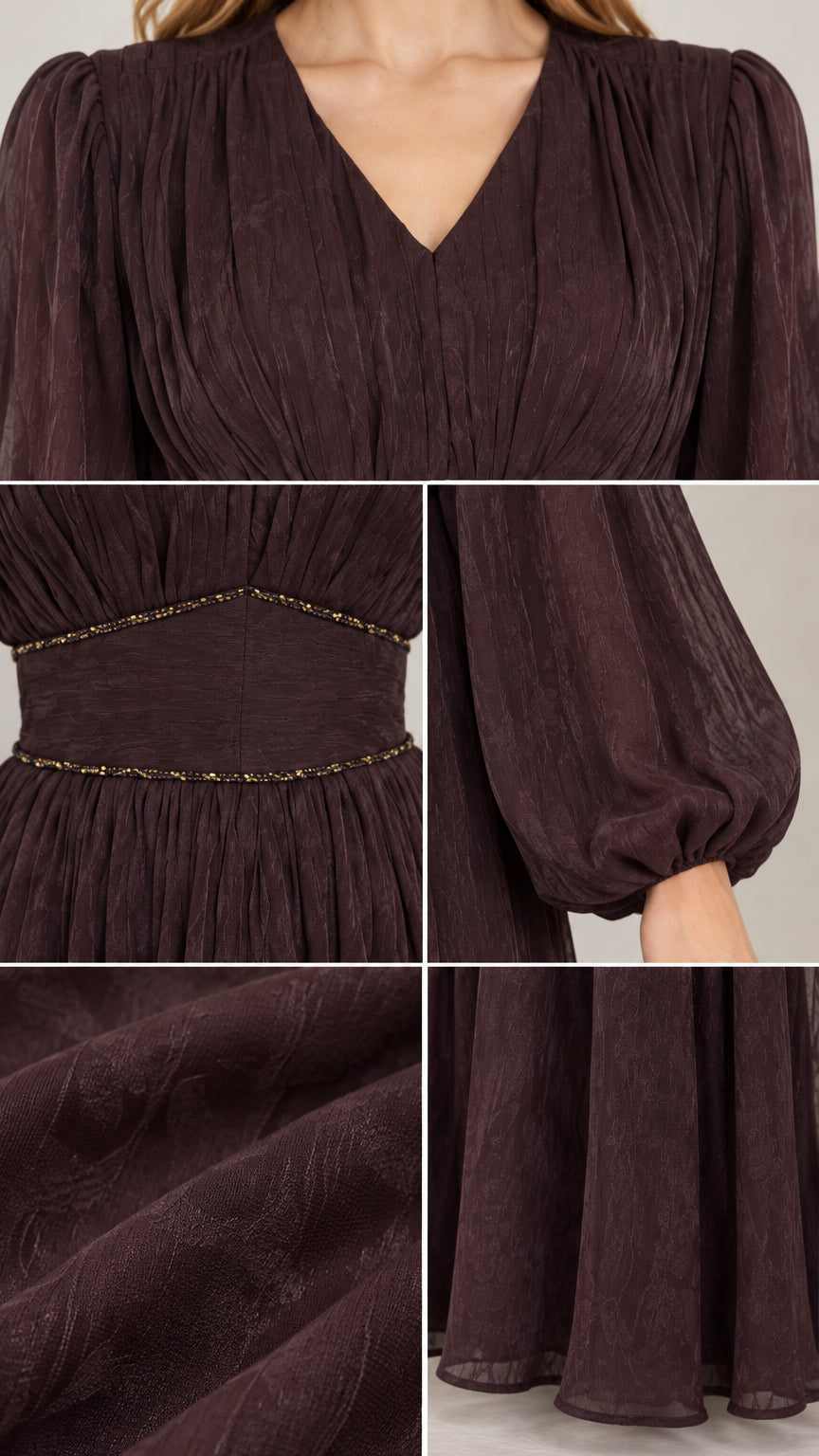 Close-up details of neckline, beaded waist trim, balloon sleeve cuff, and textured fabric