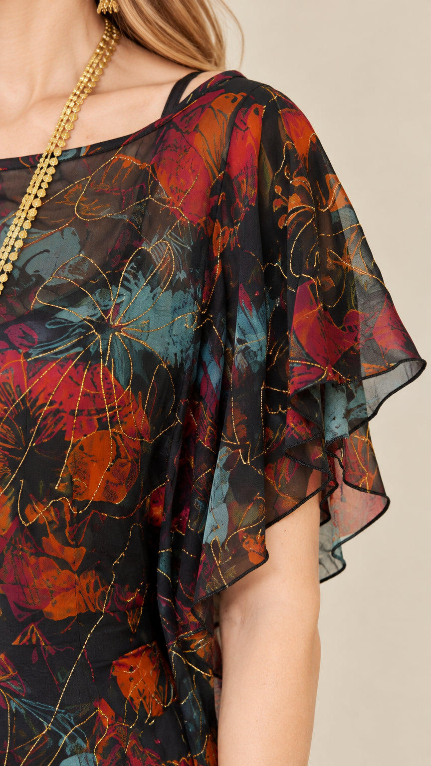 Close-up detail of Black Multi sheer floral chiffon fabric with gold line accents