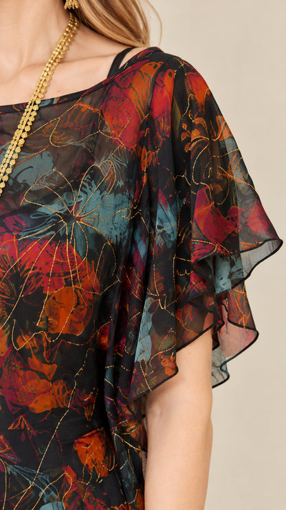 Close-up detail of Black Multi sheer floral chiffon fabric with gold line accents