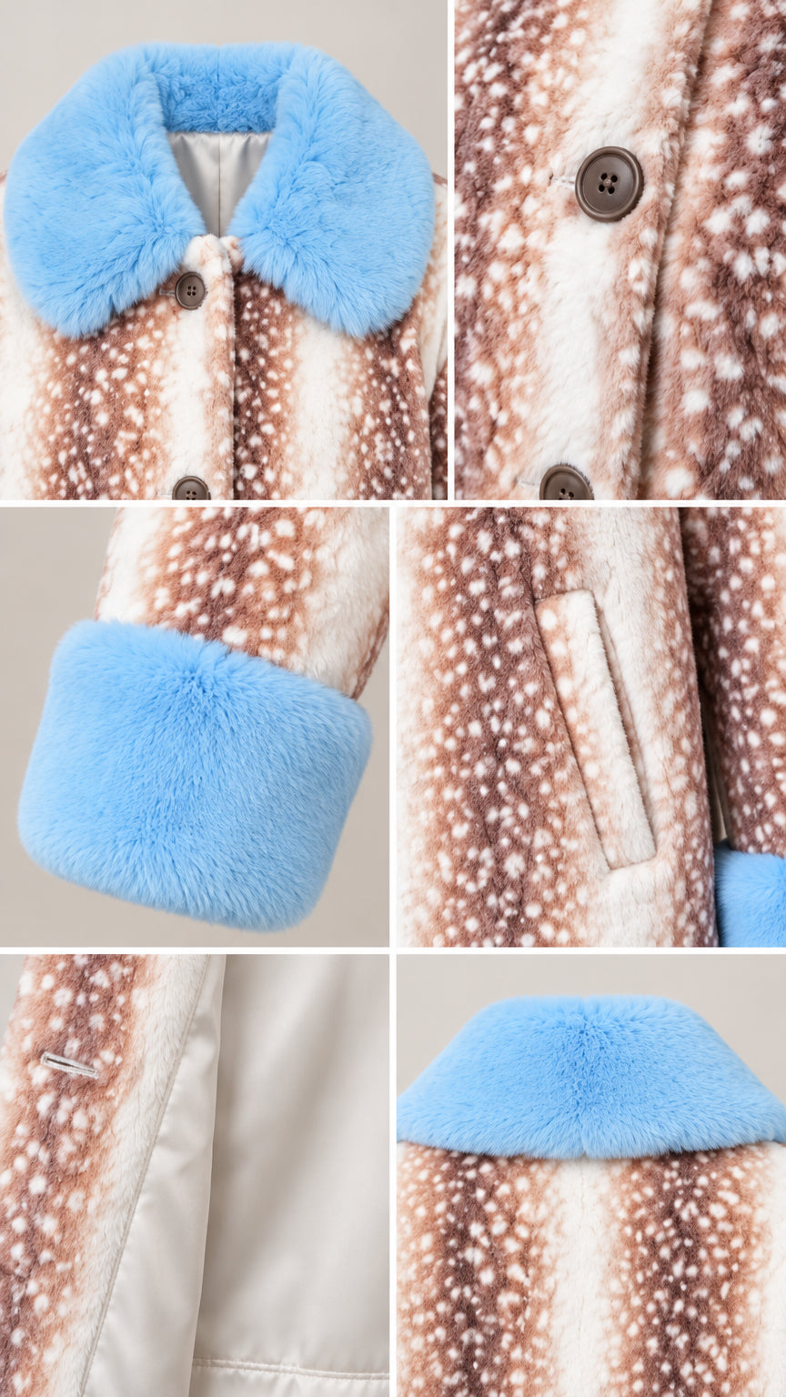 Close-up details of collar, buttons, welt pockets, lining, and plush cuffs