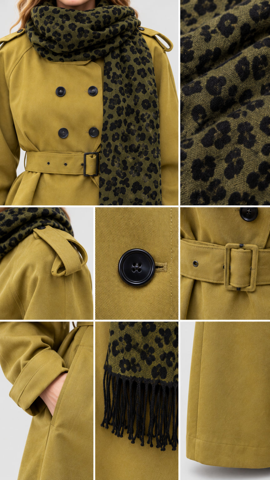Close-up details of olive green trench jacket buttons belt and cuff accents