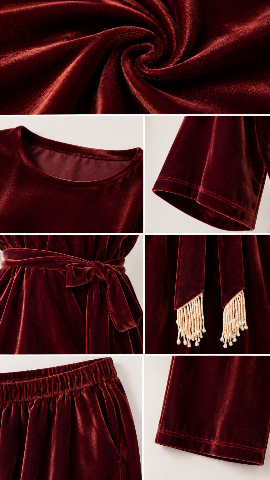 Detailed close-up views of velvet fabric texture, round neckline, tassel belt, and waistband