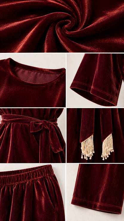 Detailed close-up views of velvet fabric texture, round neckline, tassel belt, and waistband