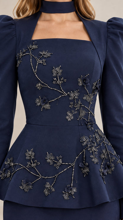 Close-up detail of floral beadwork and choker neckline on Navy Blue gown