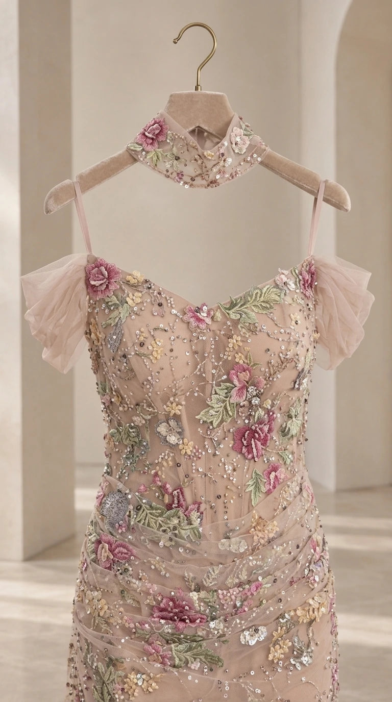Close-up detail of sweetheart neckline and floral beaded choker on hanger in Champagne