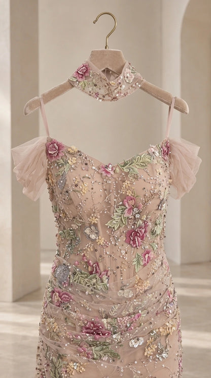 Close-up detail of sweetheart neckline and floral beaded choker on hanger in Champagne