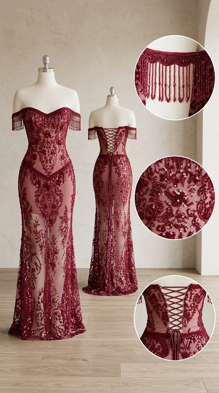 Mannequin display and close-up details of burgundy beaded fringe and sequin embroidery