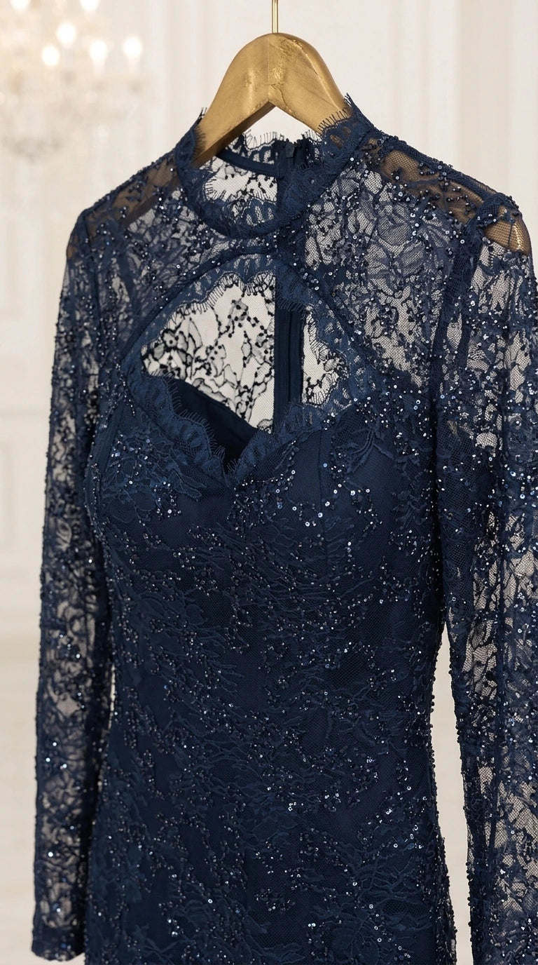 Close-up detail of Navy Blue high neck keyhole cutout and sequin lace bodice