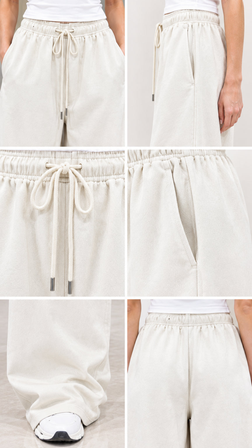 Close-up details of Cream sweatpants showing drawstring waistband, metal aglets, and pockets