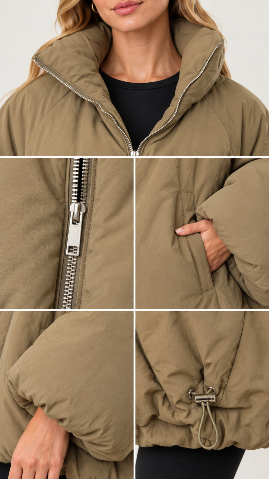 Detailed close-ups of stand collar, zipper hardware, pocket, cuff, and toggle hem