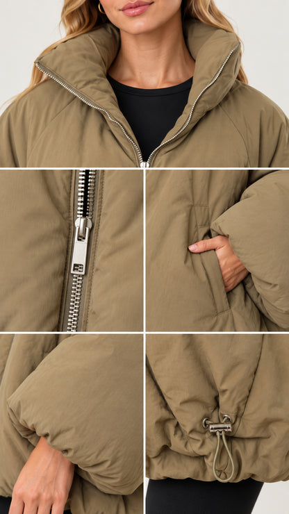 Detailed close-ups of stand collar, zipper hardware, pocket, cuff, and toggle hem