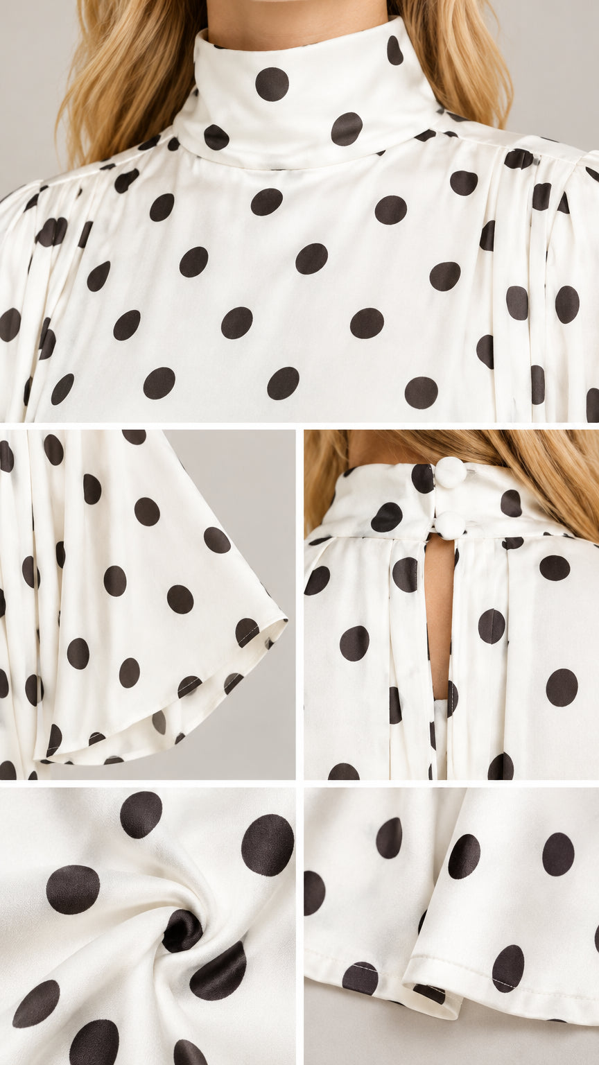 Close-up details of collar, button keyhole back, sleeve, and fabric texture