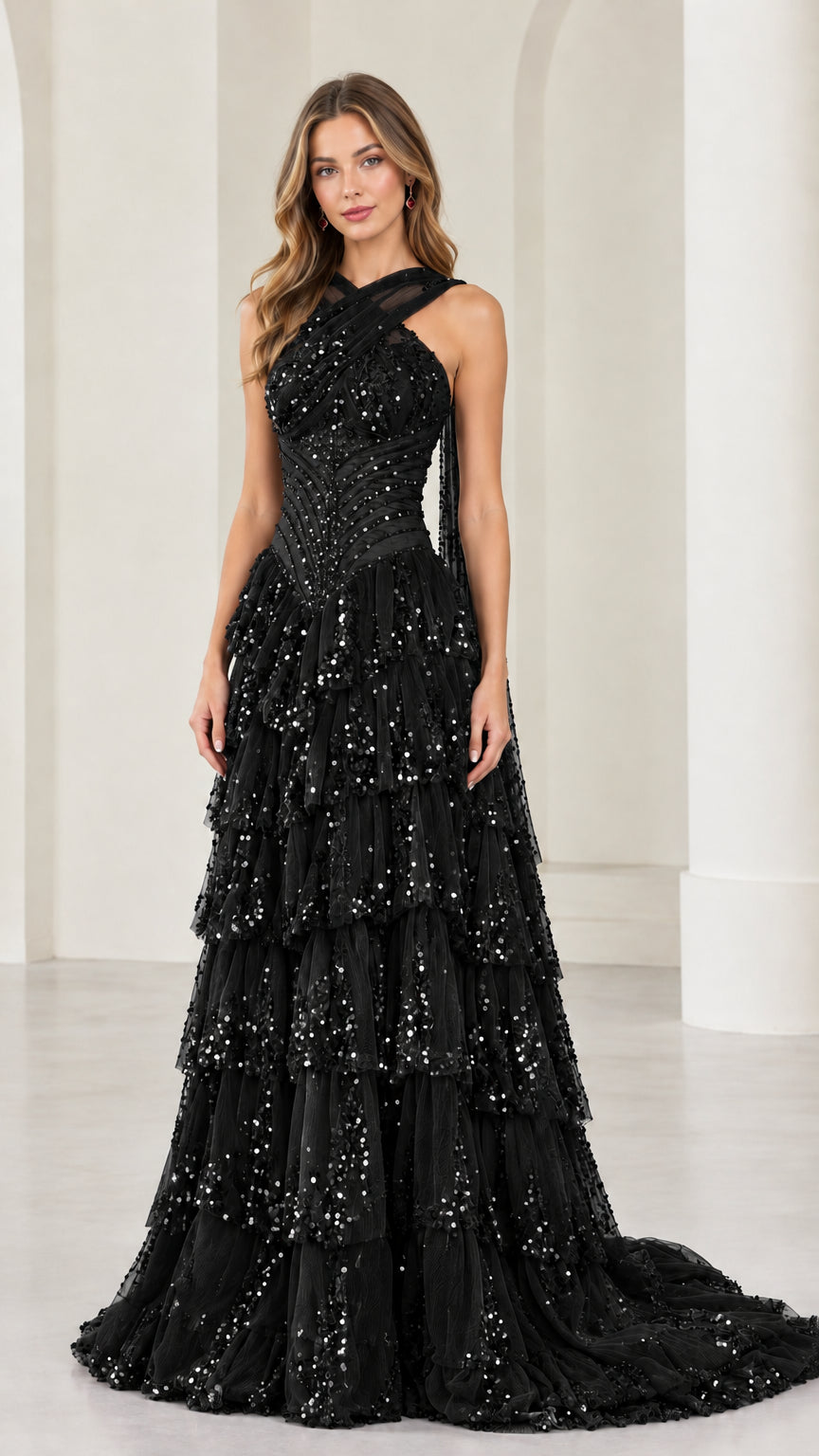 Black criss-cross halter tiered sequin formal evening gown
