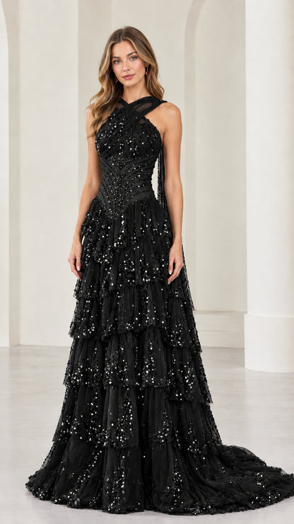 Black criss-cross halter tiered sequin formal evening gown