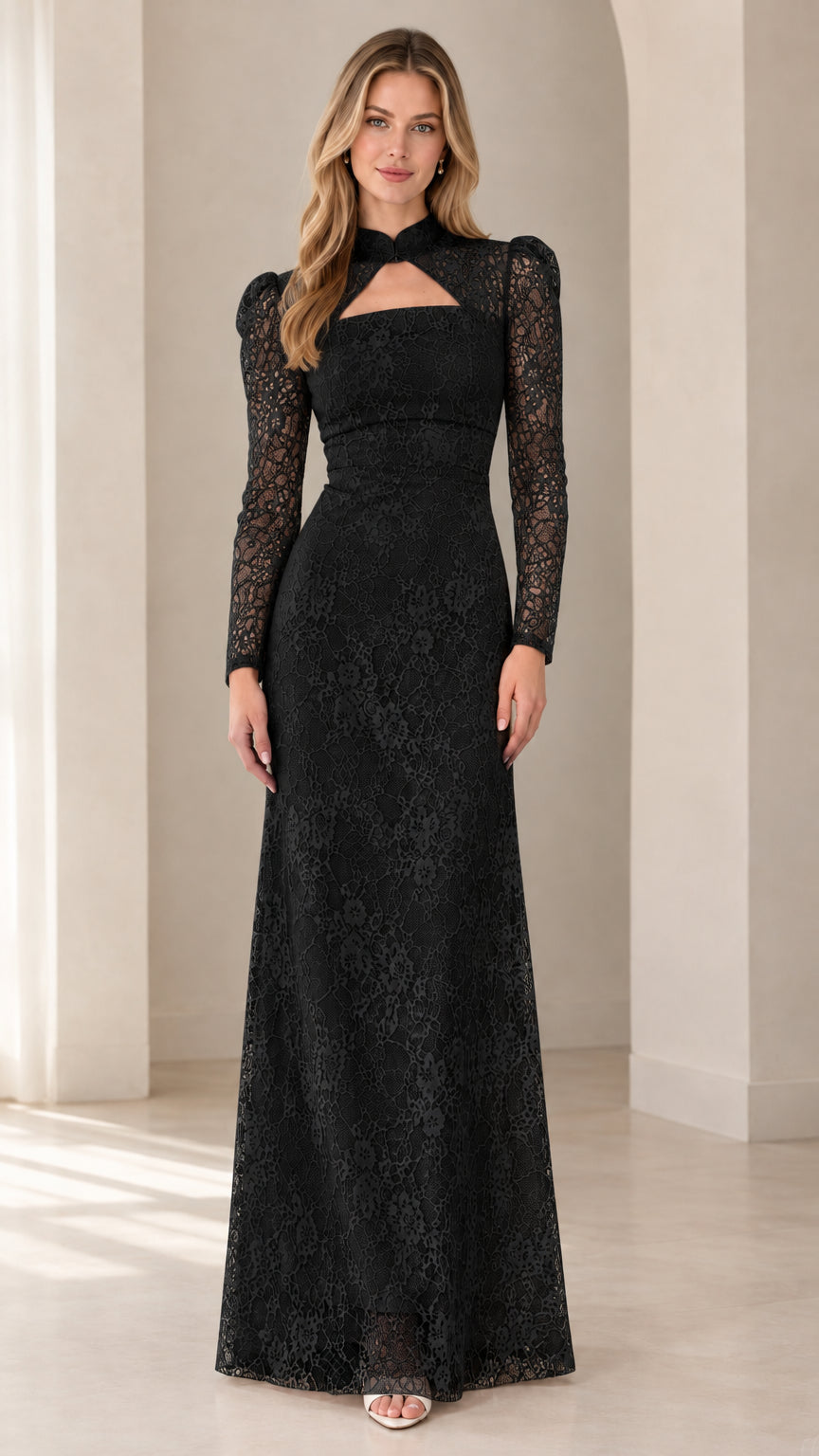 Full front view of Black long sleeve floral lace formal maxi gown