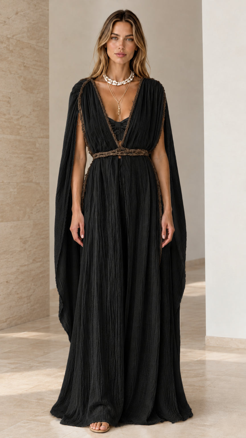 Black Grecian cape sleeve maxi dress with braided belt