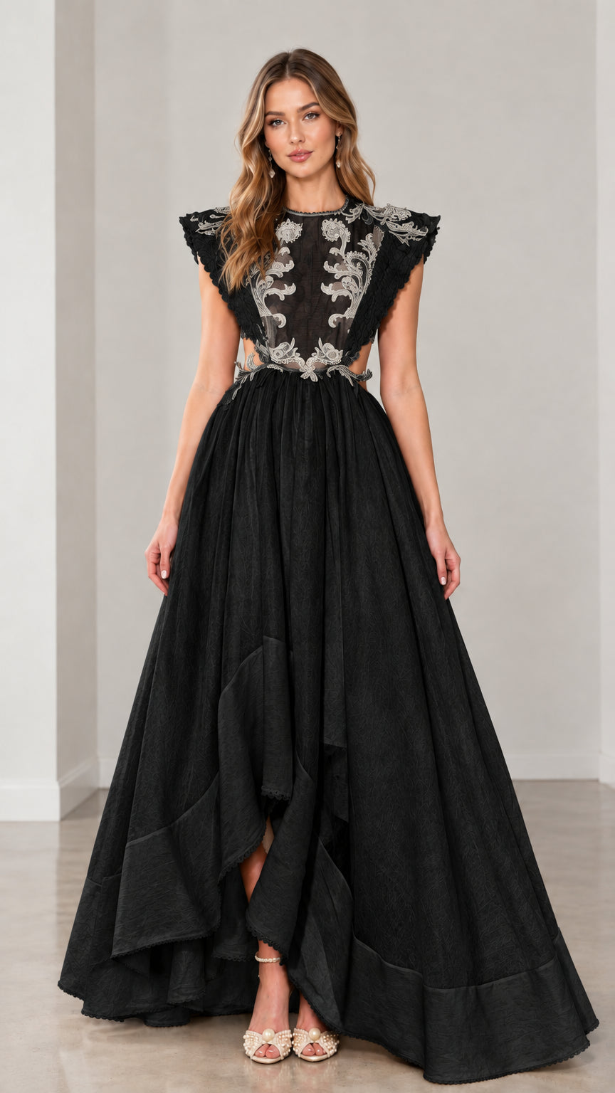 Black embroidered illusion bodice high-low formal evening gown