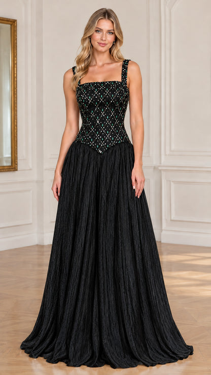 Model wearing black embellished basque waist formal evening gown