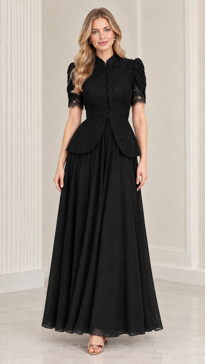 Black lace peplum maxi evening gown on model