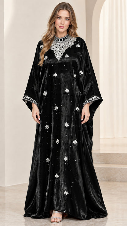 Front view of black velvet embellished kaftan maxi dress