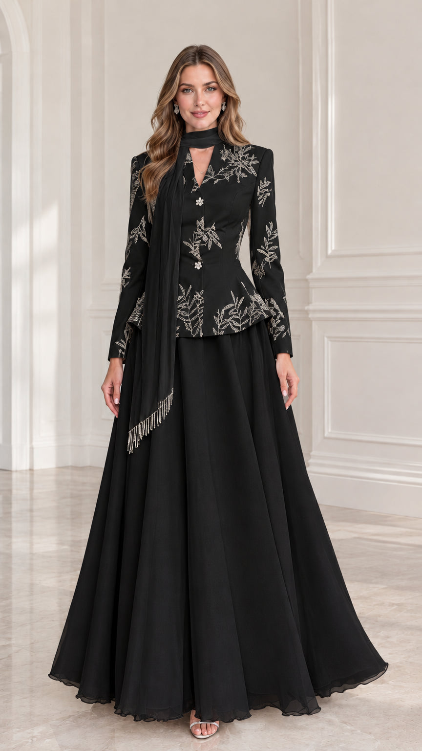 Front full-length view of Black embroidered peplum evening maxi dress set