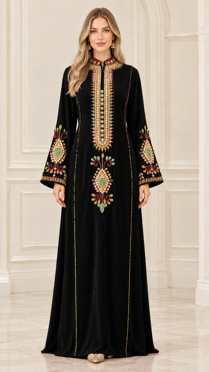 Full front view of black velvet embroidered modest kaftan maxi dress