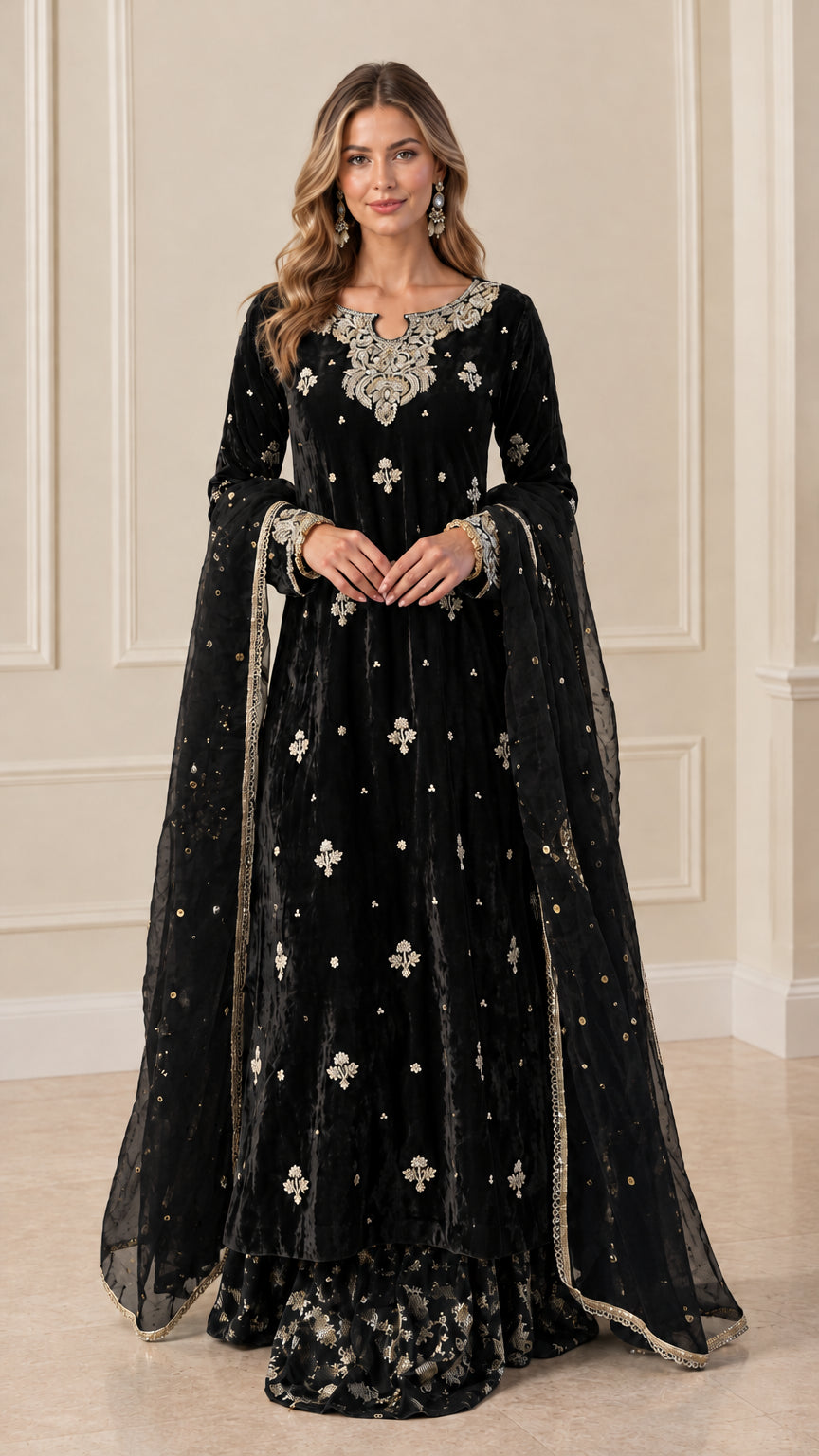 Front view of Black embroidered velvet kurta set with lace-trimmed dupatta