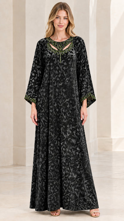 Full front view of Black textured kaftan maxi dress with beaded neckline