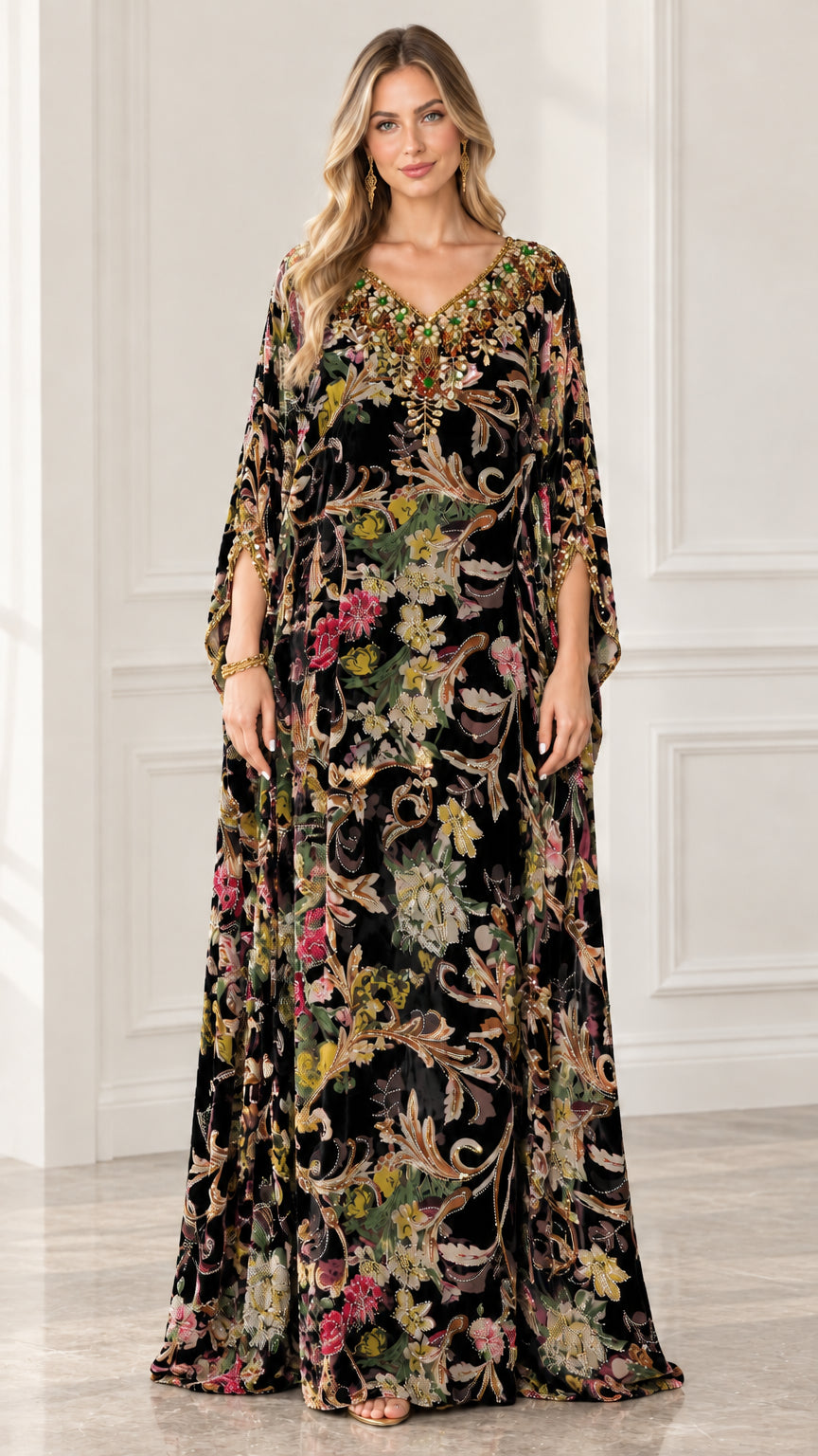 Black floral velvet embellished kaftan maxi dress