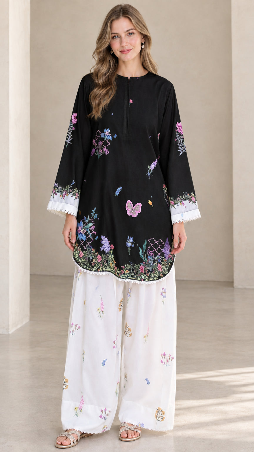 Front view of model wearing Black floral tunic and white printed wide leg pants set