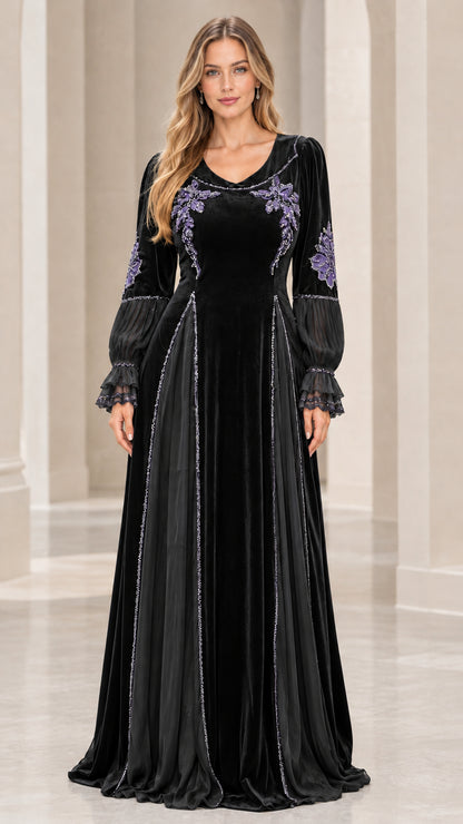 Model wearing Classic Black embroidered velvet maxi dress