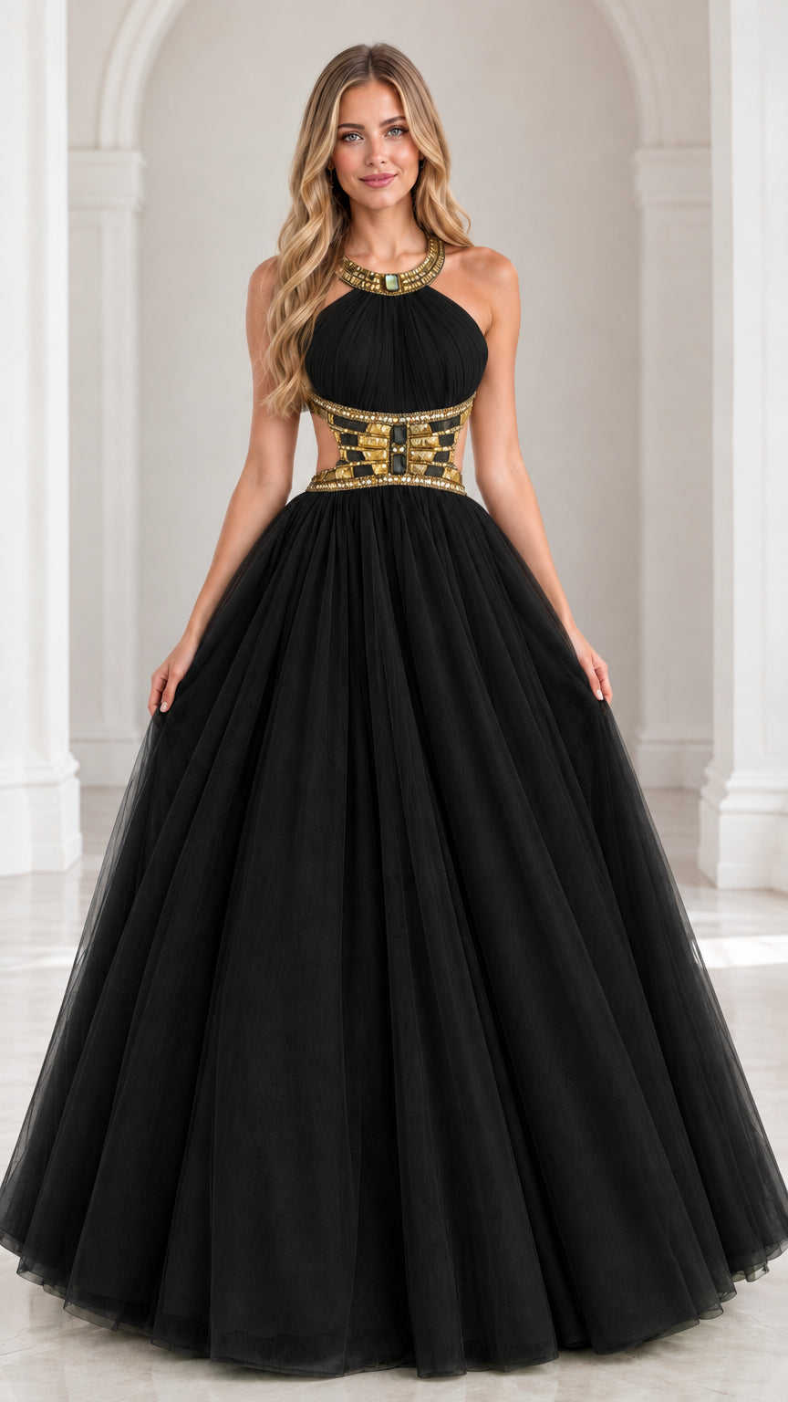 Black halter neck beaded cutout tulle evening ball gown