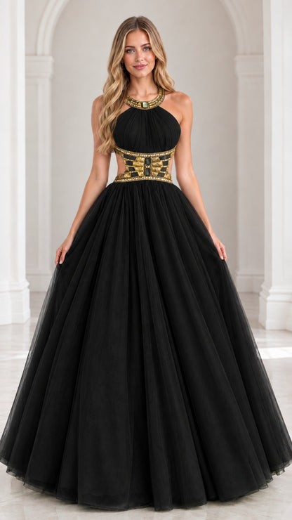 Black halter neck beaded cutout tulle evening ball gown