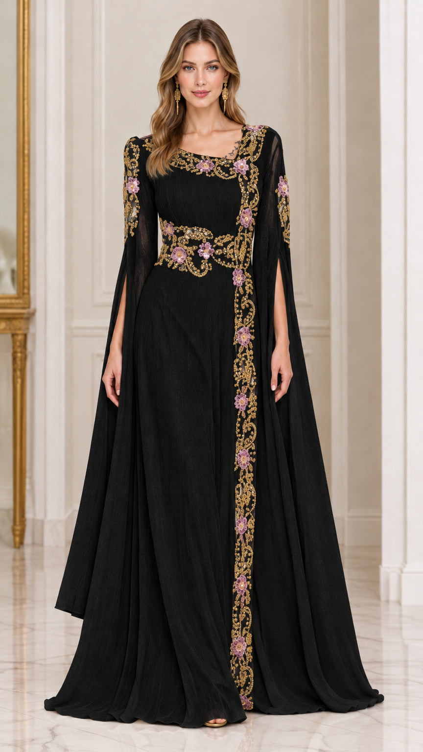 Front view of black embroidered cape sleeve formal maxi dress