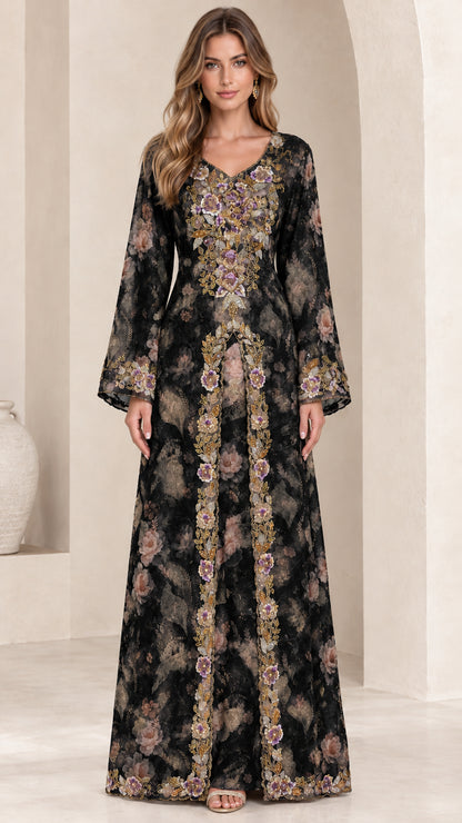 Front view of black floral embroidered bell sleeve maxi dress