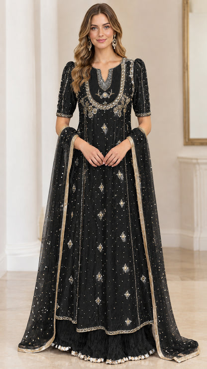 Black embroidered floor-length gown with metallic gold accents and dupatta