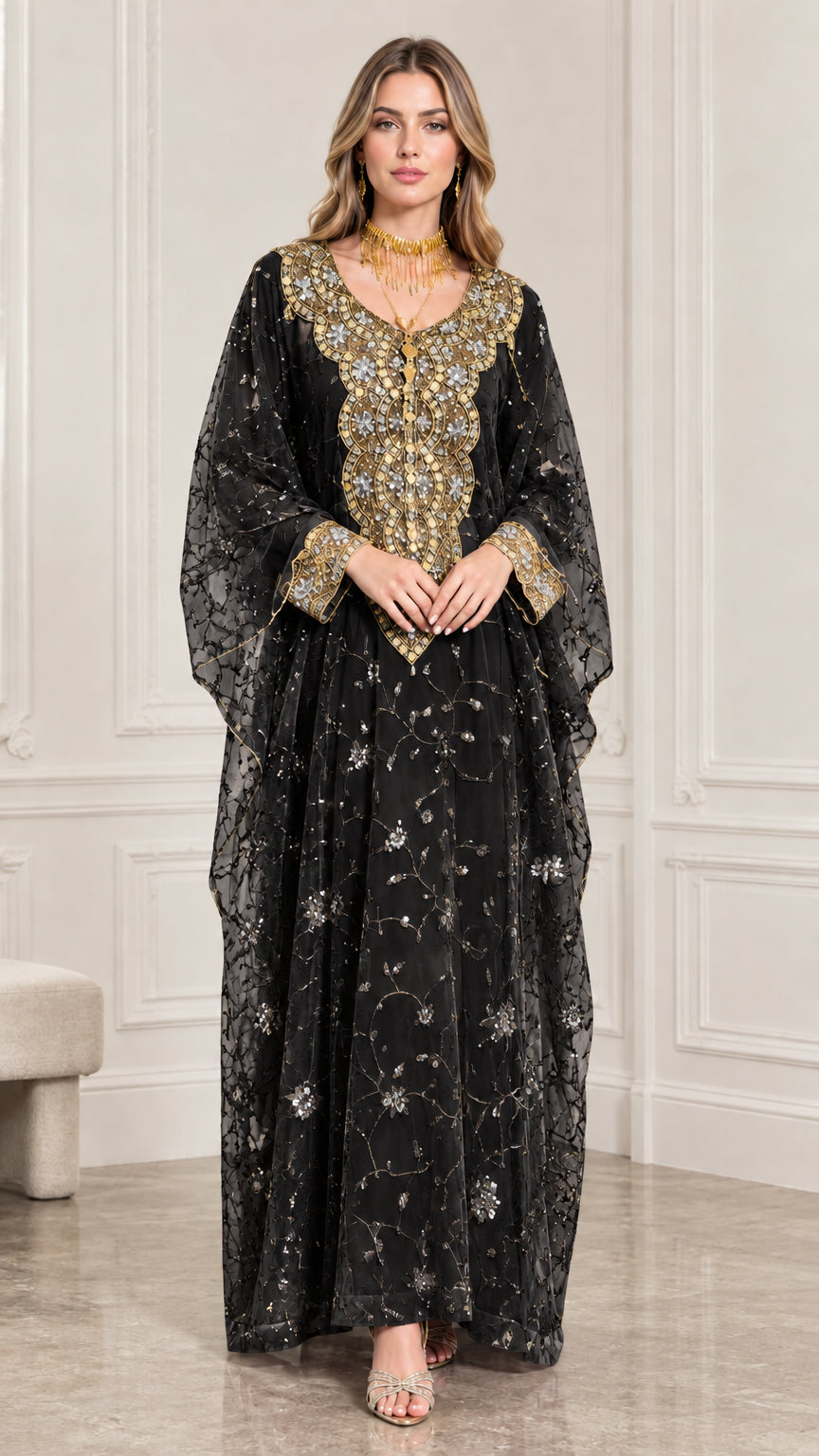 Black embroidered kaftan maxi dress with gold metallic bodice details