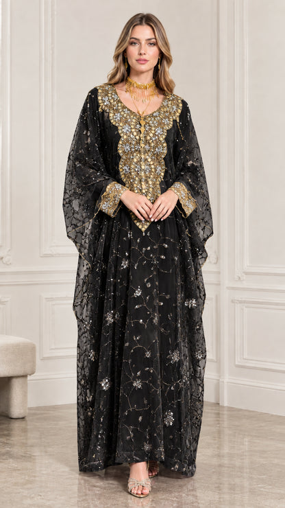 Black embroidered kaftan maxi dress with gold metallic bodice details