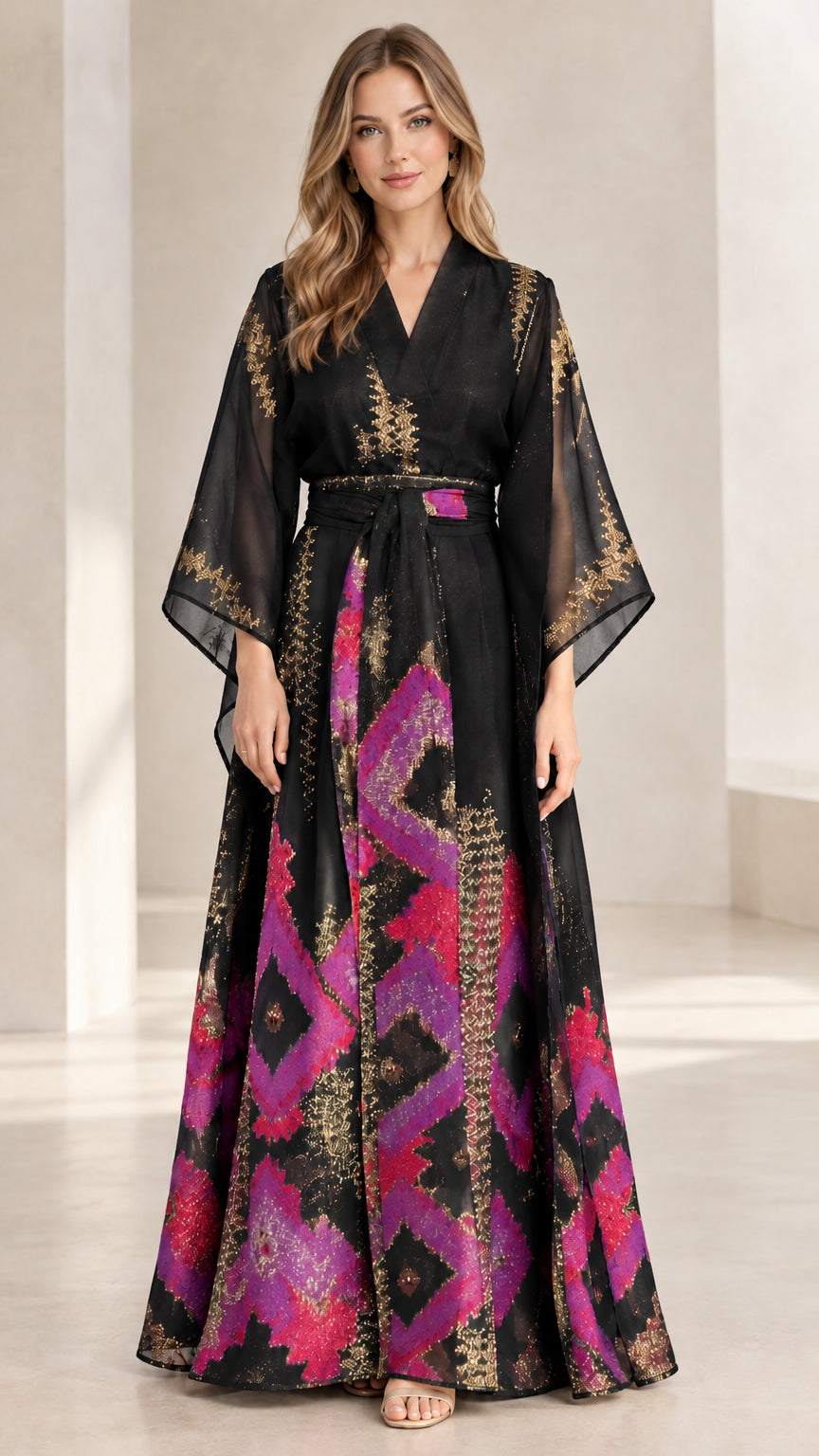 Black metallic print kimono maxi dress with purple geometric patterned skirt