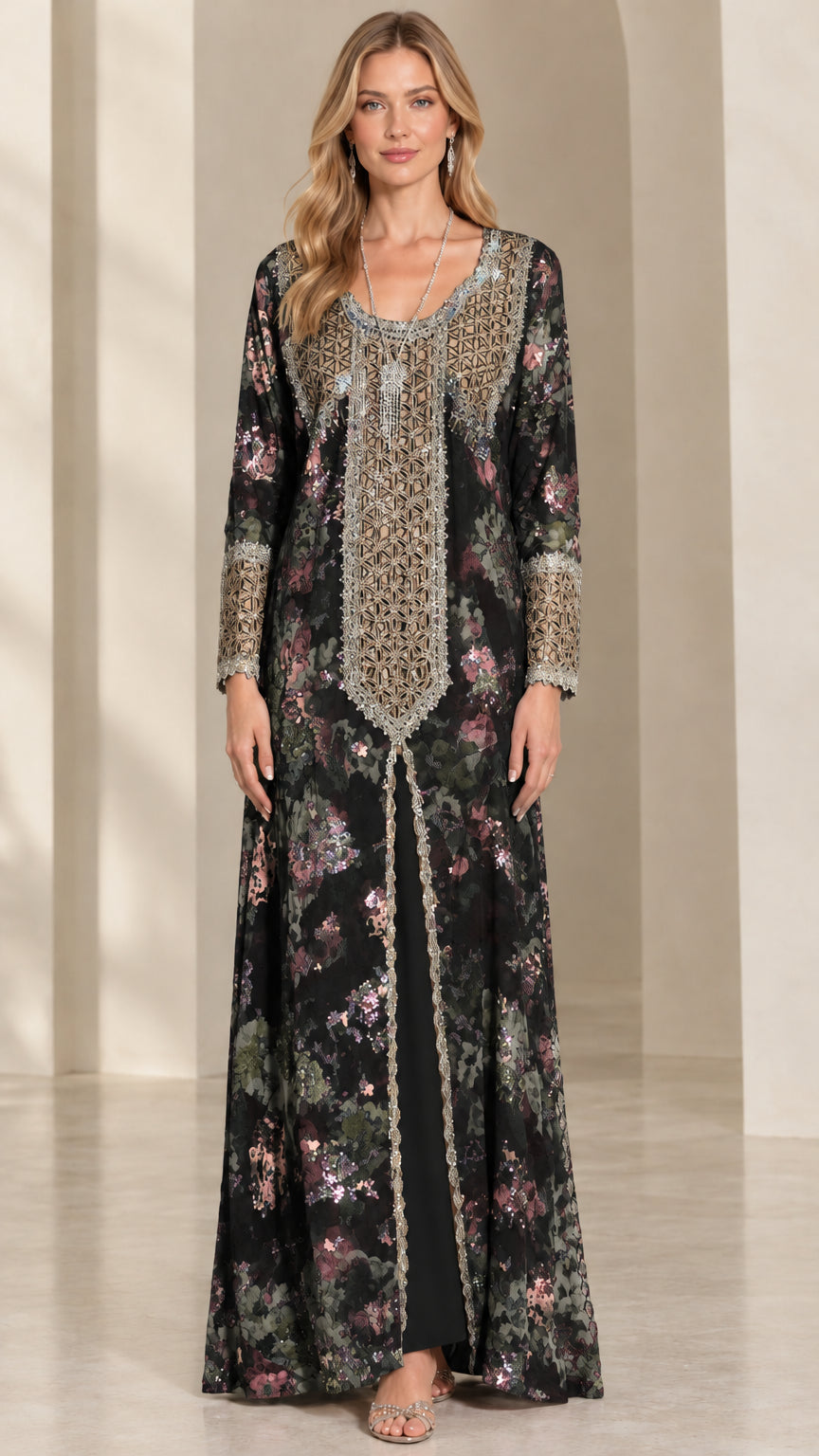Front view of Black floral embroidered kaftan maxi dress