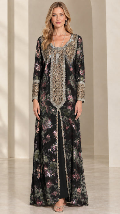 Front view of Black floral embroidered kaftan maxi dress
