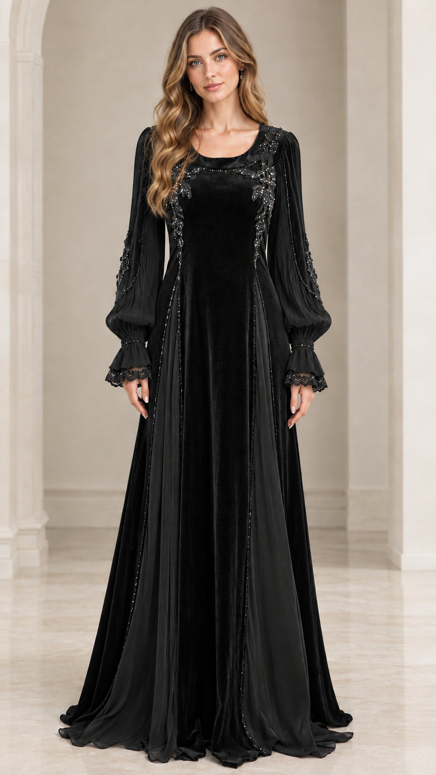 Front view of black velvet maxi gown with sheer sleeves and beadwork