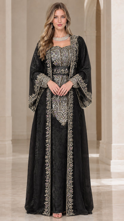 Full front view of black embroidered kaftan maxi dress with silver embroidery