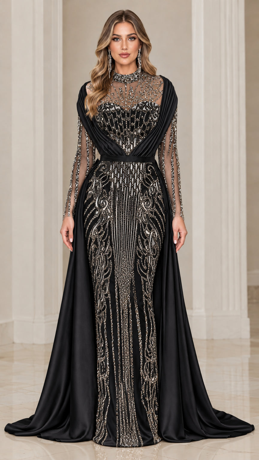 Black embellished illusion neckline gown with matching black satin overskirt