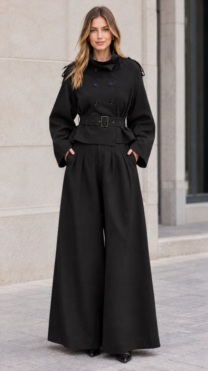 Front view of woman wearing black cropped trench jacket and wide-leg pants set