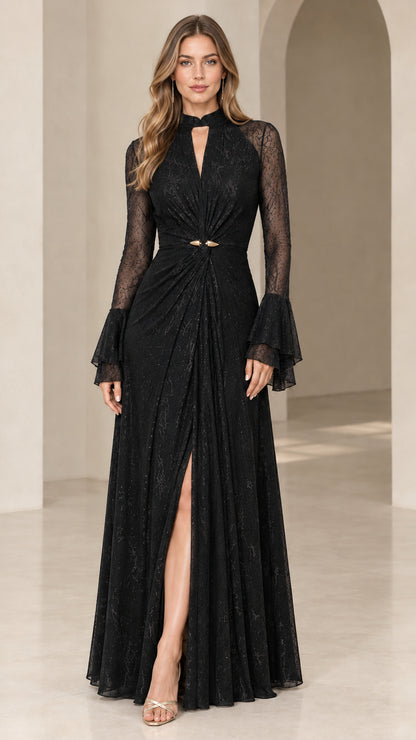 Black long sleeve lace formal gown with keyhole cutout and front slit