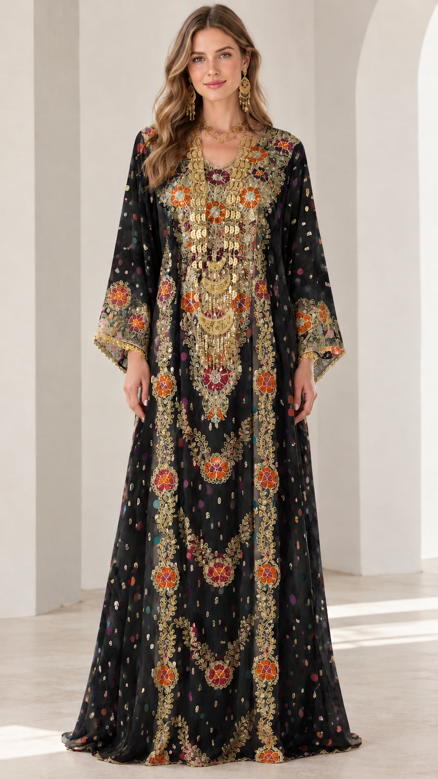 Front view of black embroidered kaftan maxi dress with gold detailing