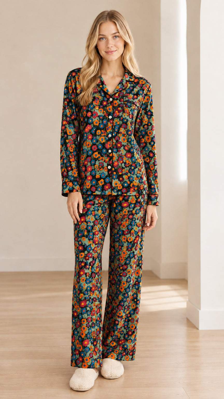 Model wearing dark navy floral long sleeve pajama set